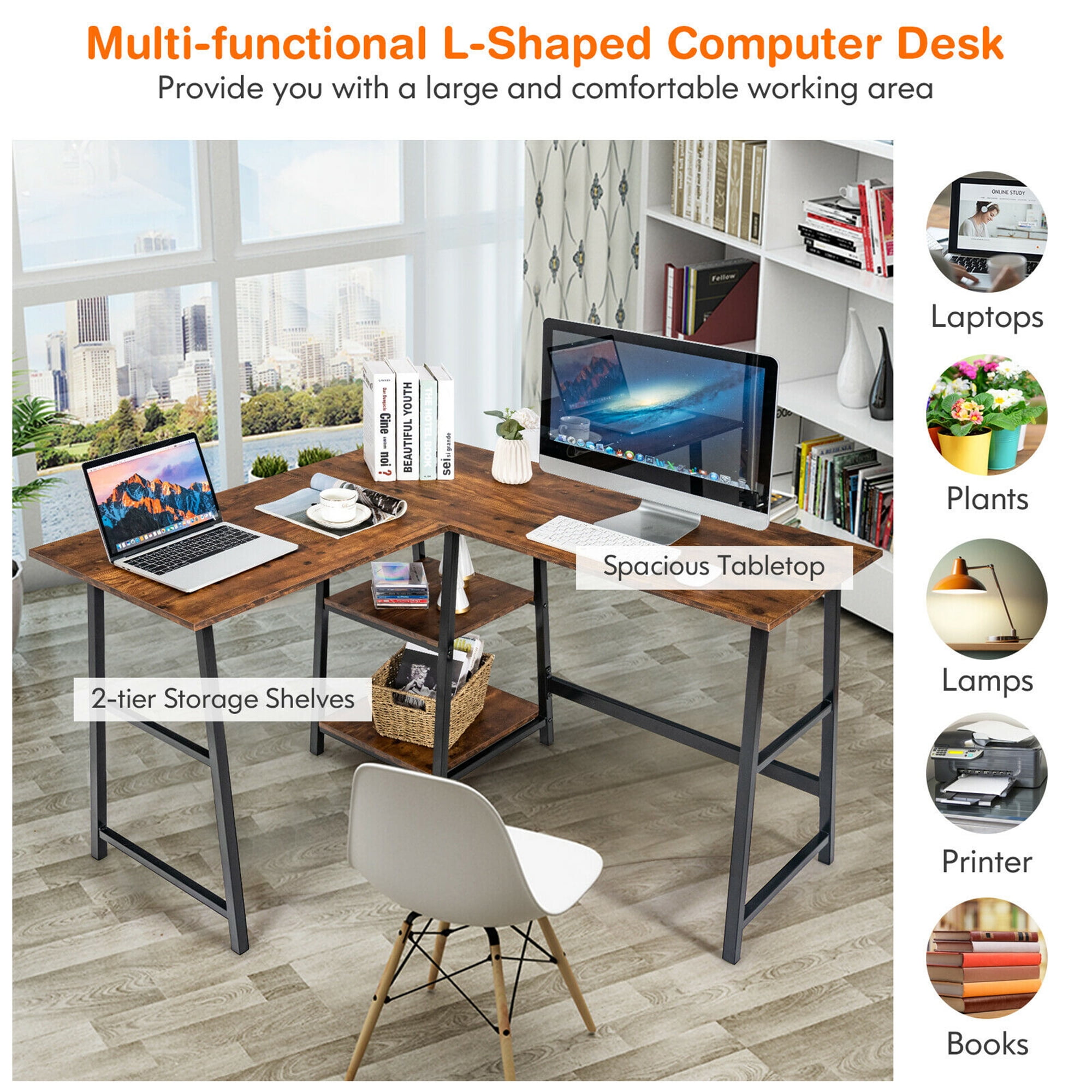 Gymax L Shaped Study Table Corner Computer Desk w/Storage Shelves Brown