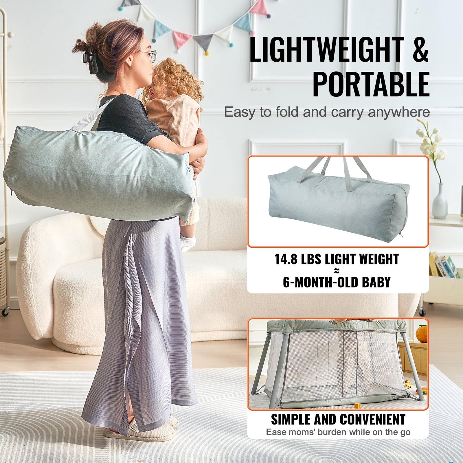 KFFKFF Portable Infant Playpen & Sleeping Cot, Includes Comfy Mattress, Breathable Mesh Sides, and Carry Bag, Foldable Design for Easy Travel, Suitable for Newborns to 3-Year-Olds, Ideal for Home