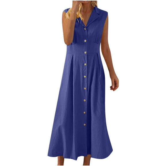 Mgmyaa Women's and Women's Plus Casual Sleeveless Shirt Dress Button Down V Neck Tiered Collared Flowy Maxi Dress