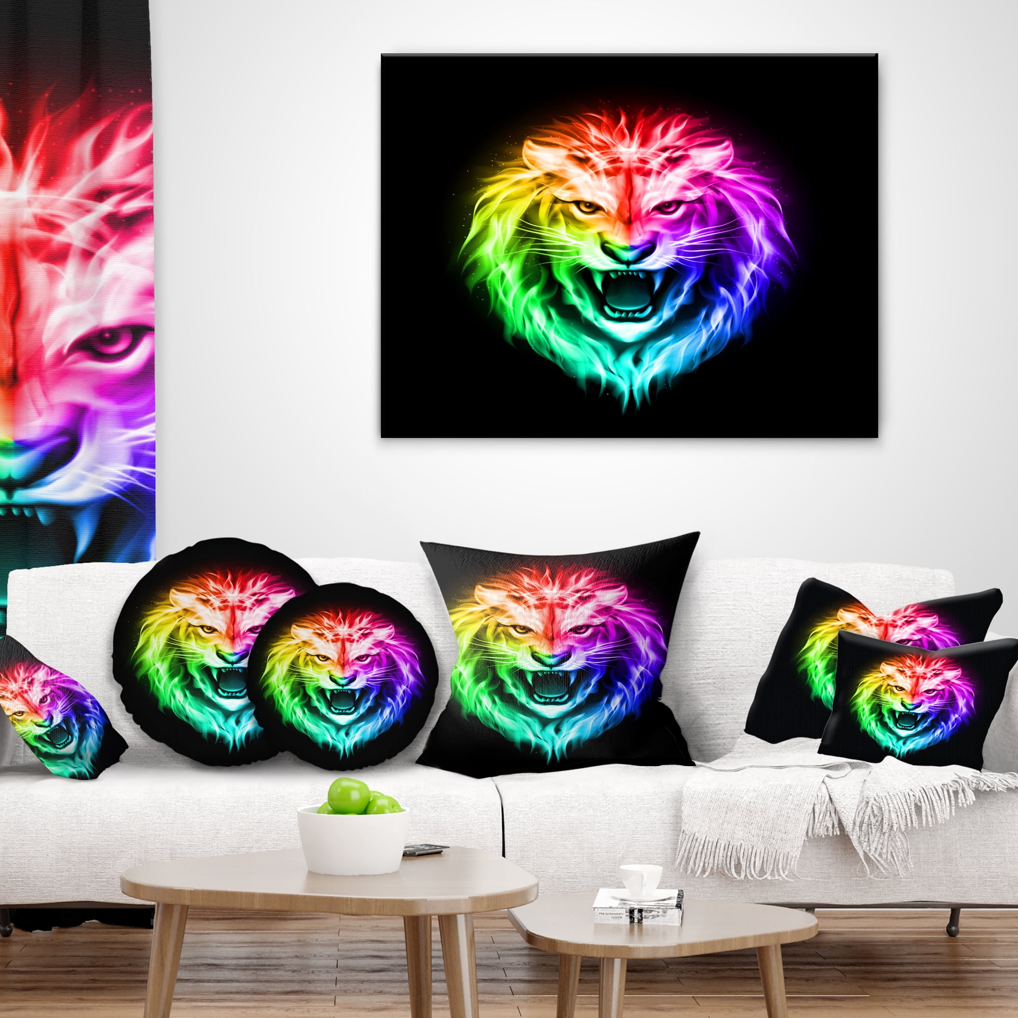 Designart Colorful Fire Lion - Animal Throw Pillow - 12x20