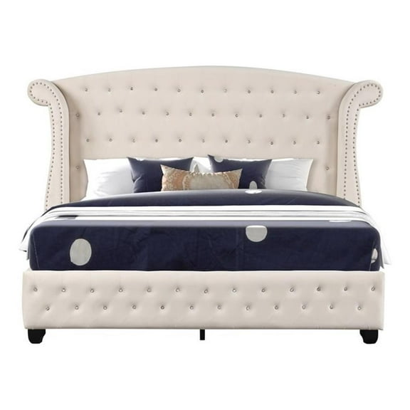 Pemberly Row Crystal Tufted Modern Full Bed made with Wood in Cream