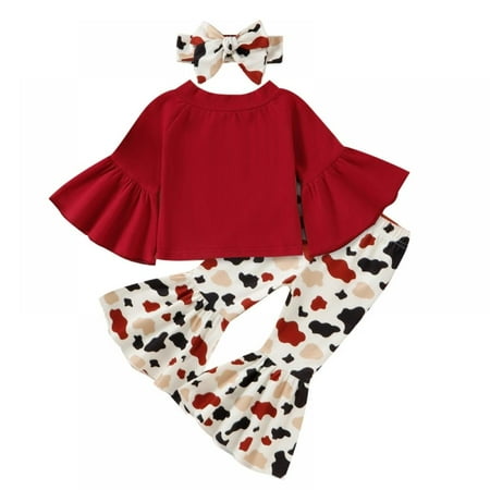 

URMAGIC Toddler Baby Girl Clothes Long Sleeve Cow Print Outfit T-Shirt + Flare Pants Bell-Bottom Tie Dye Leggings Set 6M-4T