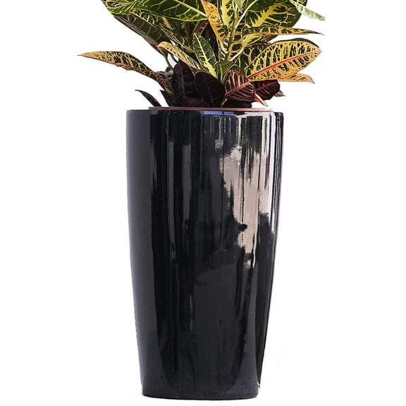 XBrand 21" H Black Plastic Self Watering Indoor Outdoor Tall Round Planter Pot w/Glossy Finish, Decorative Gardening Pot, Home Décor Accent