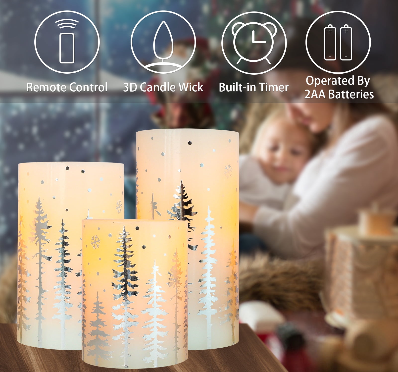 Meltone Christmas Flameless Pillar Candles, Holiday Led Candles with Timer Remote, Silver Battery Operated Flickering Candles for Christmas Home Decorations, Centerpiece.