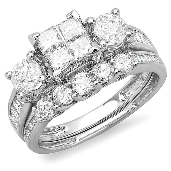 Dazzlingrock Collection 1.90 Carat (ctw) 14K Princess & Round Diamond Bridal Ring Set Engagement, White Gold, Size 4