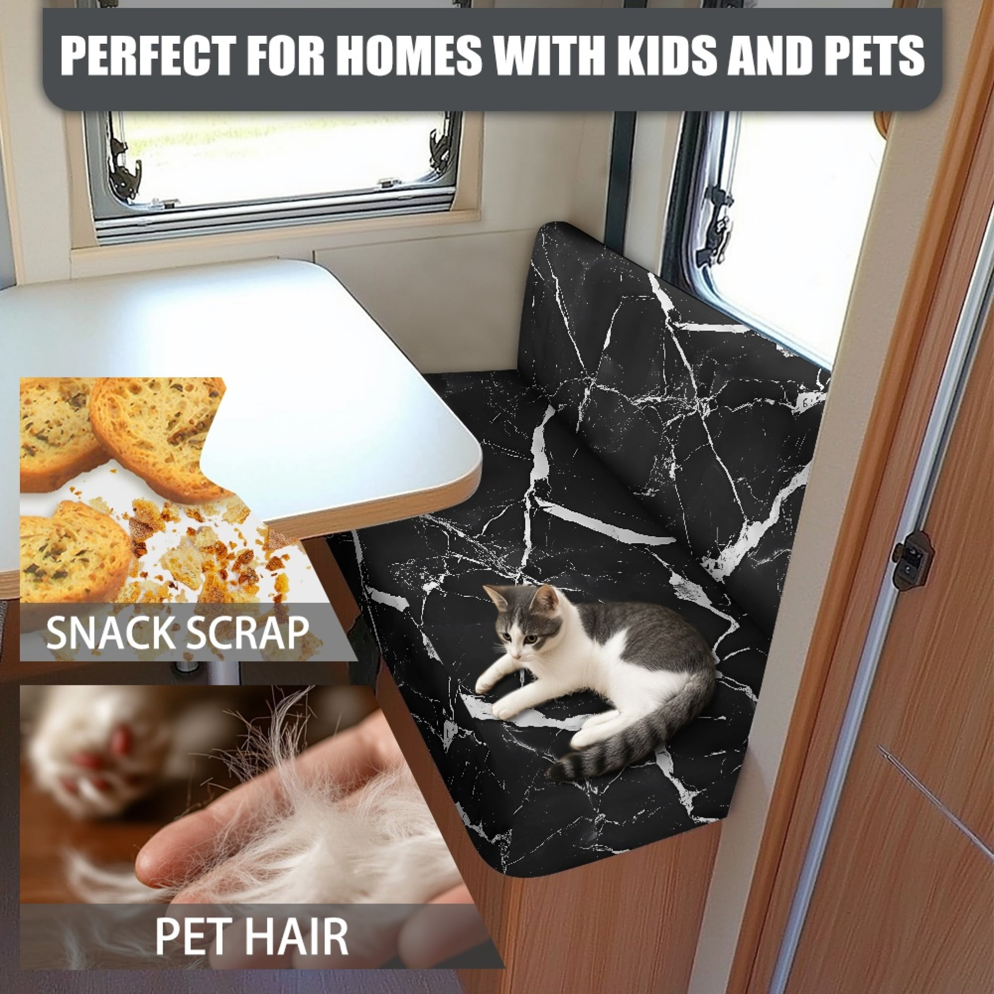 Yuyamidu Black Marble Print RV Dinette Cushion Covers Stretch RV Couch Cover Replacement for RV Camper Car Bench 1 Backrest Covers and 1 Bench Covers