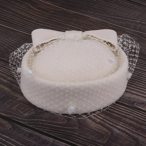 Sombrero Fascinator Hugo Pastillero de Lana Velo Lazo Blanco para Boda
