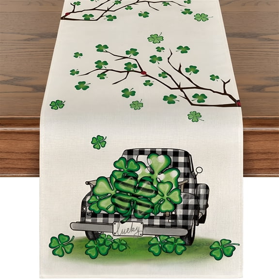 AUQ St Patrick's Day Decorations Green Lucky Shamrock Table Runner Tablecloth
