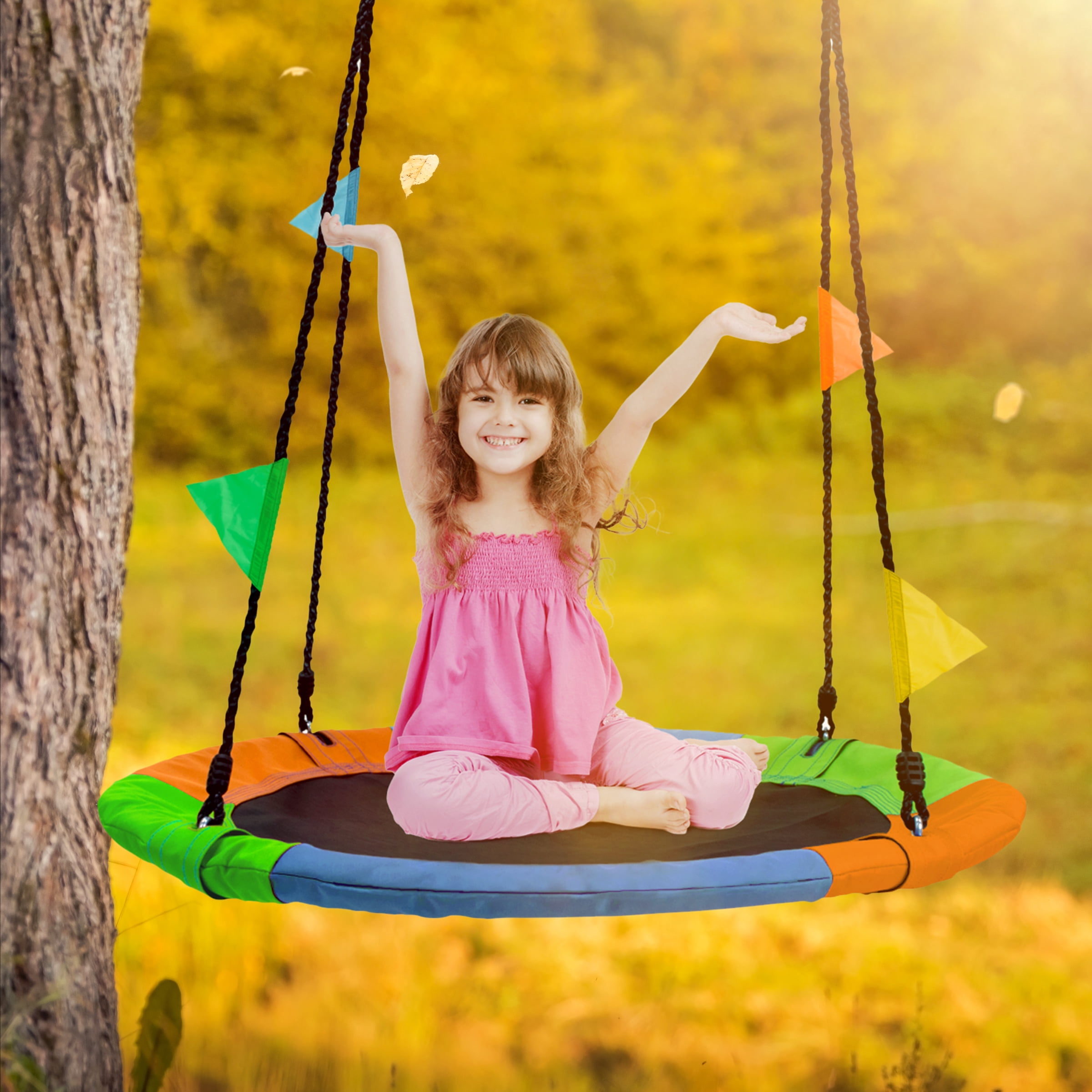 Sorbus 40" Multi-Color Saucer Tree Swing, Outdoor, 220 lb Capacity, 63" Adjustable Rope, Flags