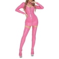 thumbnail image 2 of TiaoBug Women Wet Look PVC Leather Bodycon Mini Dress Latex Zipper Club Party Dress with Stockings Hot Pink L, 2 of 6