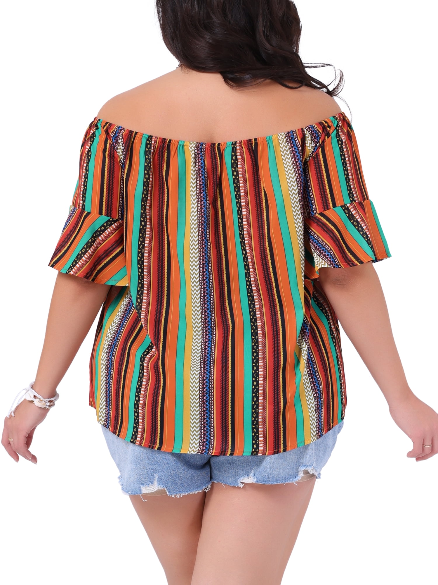 DARING DIVA Women's Plus Boho Off Shoulder Short Sleeve Striped Blouse 2X Orange