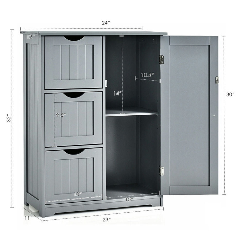 Finihen Storage Cabinet, Floor Cabinet, Bathroom Floor Cabinet Side Storage Cabinet with 3 Drawers and 1 Cupboard, for Bathroom, Living Room, Bedroom, Kitchen, Gray