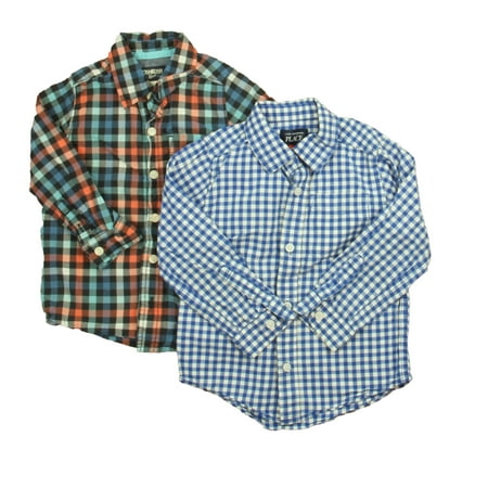 

Pre-owned The Children s Place | Osh Kosh Boys Blue | White | Coral Check Button Down Long Sleeve size: 3T