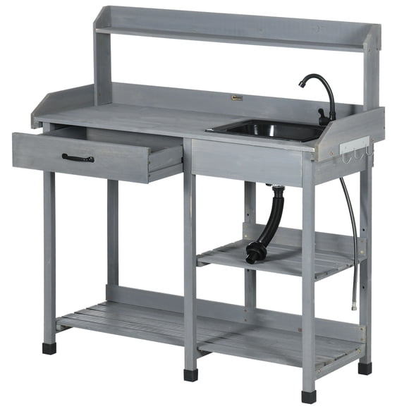Table Banc de Rempotage Gris avec Évier et Crochets - Poste de Travail de Jardin - 45,3 Pouces x 17,7 Pouces - Banc de Travail Extérieur pour Projets de Patio, Cour et Jardinage