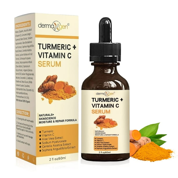 Suero de cúrcuma para rostro + suero de vitamina C iluminador – Hidratante orgánico para acné, manchas oscuras y piel clara – Aumenta la hidratación para piel seca y cansada – Fórmula antienvejecimien