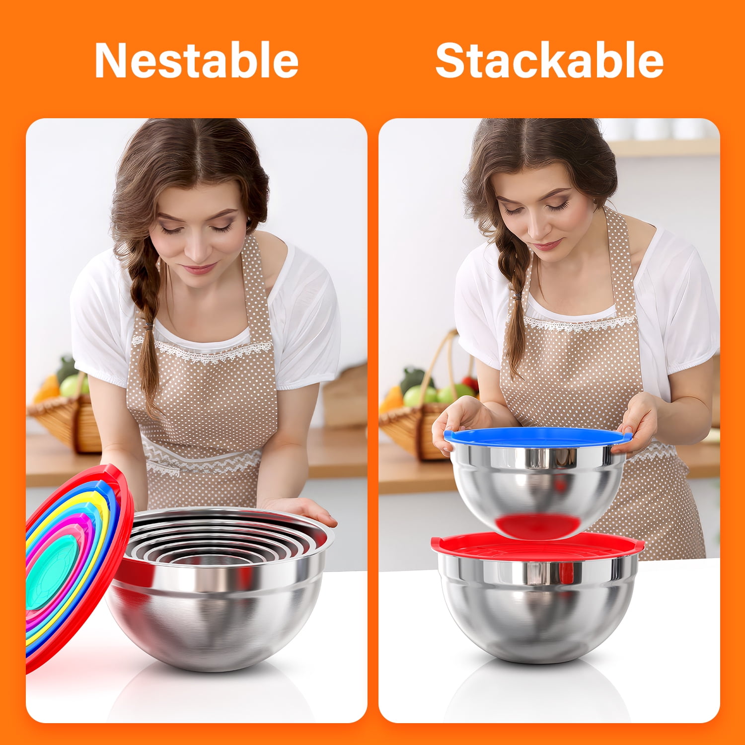 TINANA Mixing Bowls with Lids: 7 Pack Stainless Steel Mixing Bowls Set, Metal Nesting Mixing Bowls for Kitchen, 7/4.5/3.0/2.0/1.5/1.0/0.7QT, Great for Prep, Baking, Serving, Multicolor