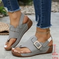 thumbnail image 2 of Dakaela Womens Leather Orthopedic Wedge Sandals Rhinestone Buckle Platform Flip Flops Arch Support Summer Beach Slip on Slides with Back Strap Grey Size 8, 2 of 9