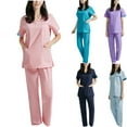thumbnail image 5 of Ensemble de Blouses Médicales pour Femmes Col en V Extensible Haut et Pantalon à Cordon avec 5 Poches Anti-Rides Uniforme de Soins Doux Manches Courtes Couleur Unie Costume Protecteur Bleu Ciel, 5 of 5