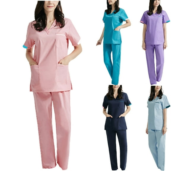 Jinhomg Womens Loose Fit Scrubs 2 Piece Dressy Casual Plain Nursing Uniform Lightweight Comfy Short Sleeve V-Neck Scrub Shirt and Pants with Multi Pockets Summer Saving Navy S