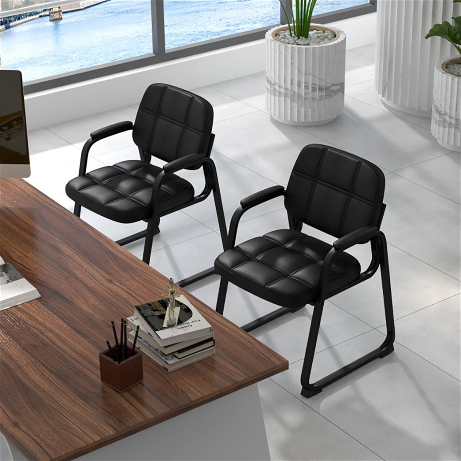 Demi Bonn Upholstered Waiting Room Study Chair Set of 4, Computer Desk Chairs with Armrest and Ergonomic Backrest, Suitable for Home Office, Black