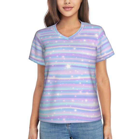 Vsdgher Striped Gradient Women Shirts V Neck Short Sleeve Tops T-Shirt Basic Tees, S to 3XLSmall