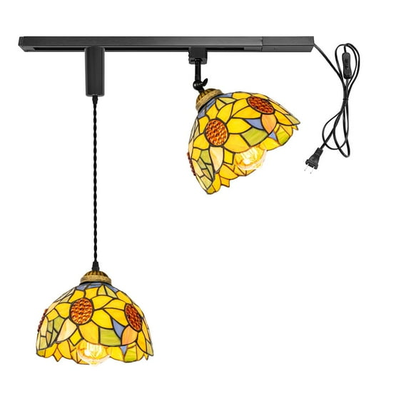 KAYYELAMP 1x Plug in Cable Track Rail, 1X Adjustable Cord, 1x Adjustable Angle Colorful Sunflowers Pattern Handmade Glass H-Type Tiffany Track Lighting Fixture for Kitchen Loft(No Bulb)