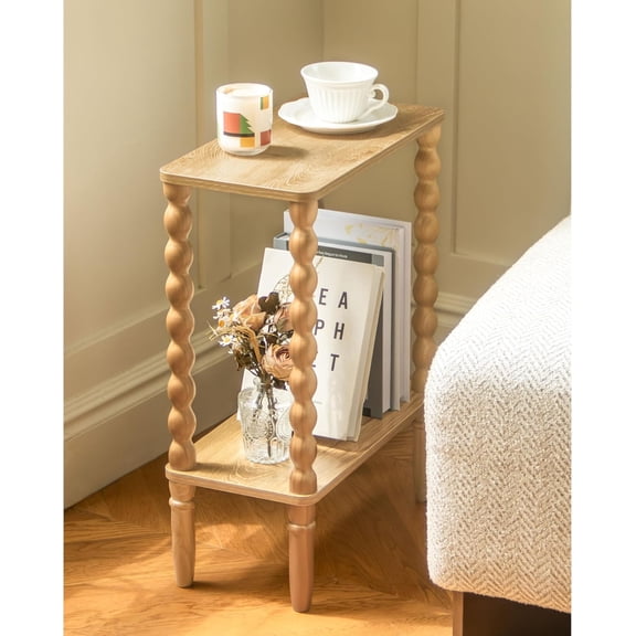Narrow End Table, Small Narrow Side Table with Storage, Nightstand | Skinny Bedside Table for Narrow Spaces, Living Room, Bedroom, Solid Wood Legs (Rustic Walnut)