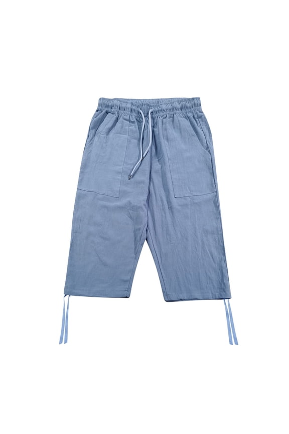Capris Pants for Men Loose Fit Wide Leg Baggy Pants with Pockets Drawstring Elastic Waist Solid Color Casual Lightweight Beach Yoga Pants Blue L