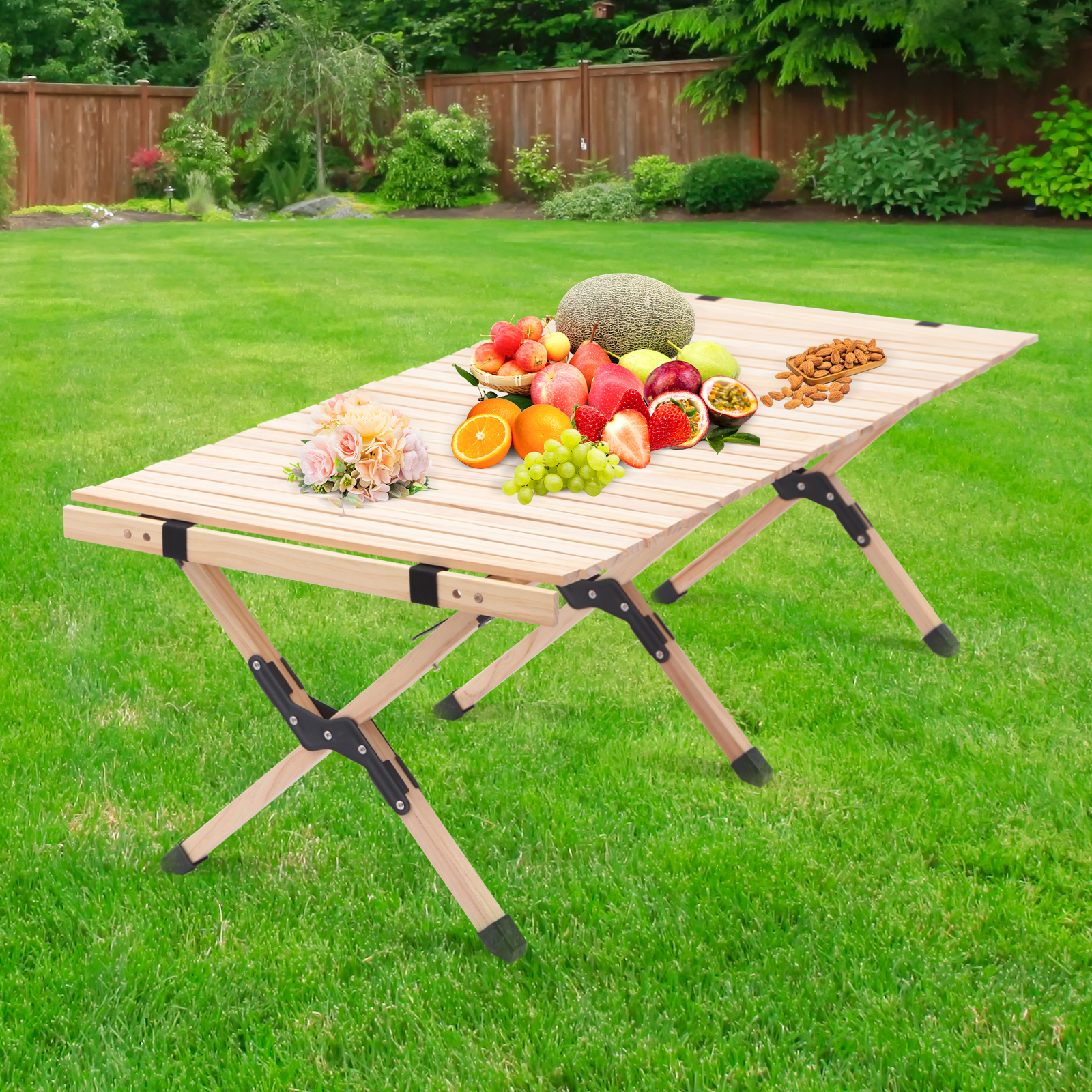 Folding Wood Picnic Table, Portable Outdoor Indoor AllPurpose Picnic Table, Roll Wooden Table