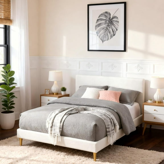 Gewnee Full Size Upholstered Platform Bed Frame with Headboard,Sturdy Wood Slats & Center Support,No Box Spring Needed,Easy Assembly,White