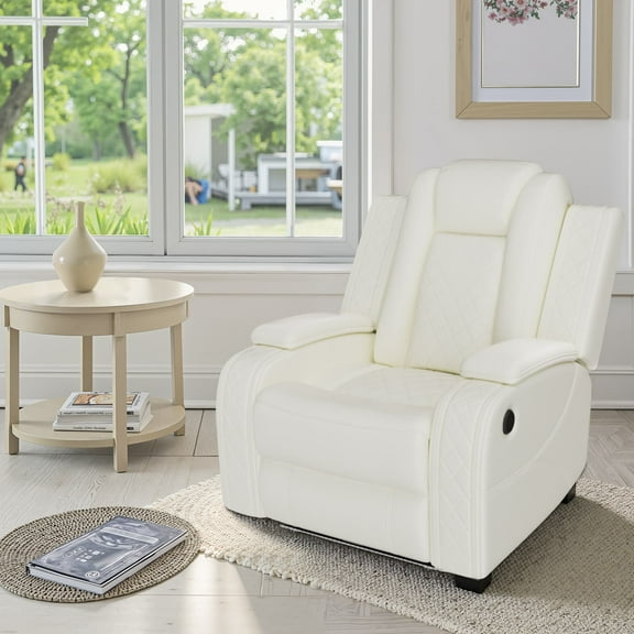 MAYEERTY Power Recliner Chair, Electric Leather Reclining Chair with USB Charging, Storage Armrest & Adjustable Backrest for Living Room, White