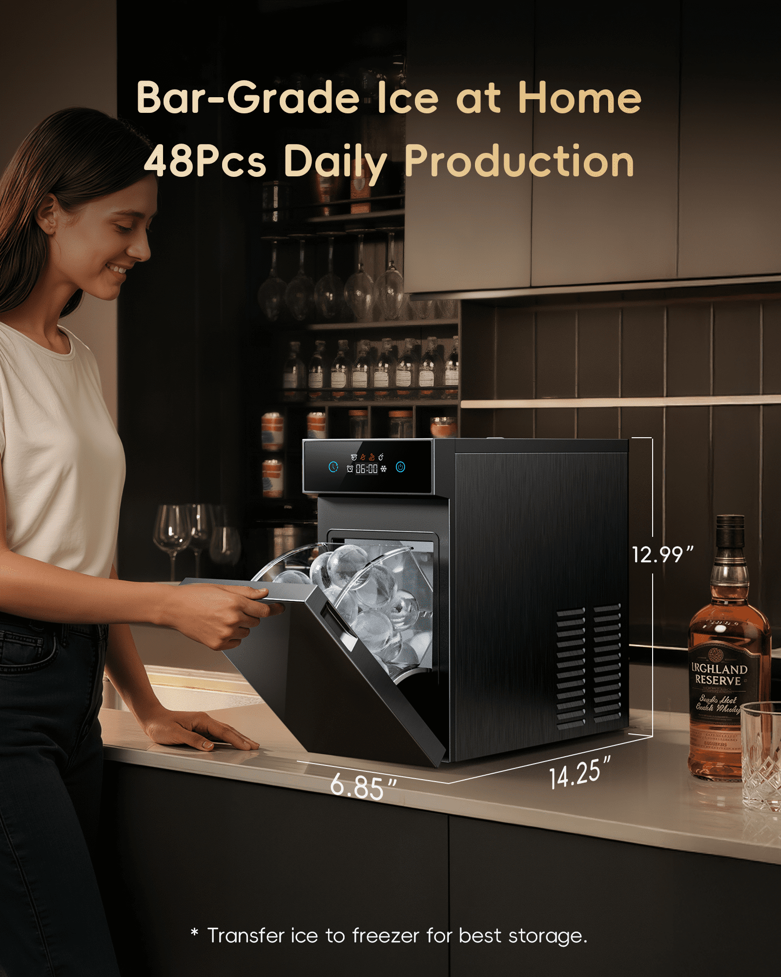 Ecozy Chillio 2.1" Clear Ice Ball Maker with CrystalFlux Technology, Small Footprint Sphere Ice Maker with Timer, 48 pcs/Day, for Home Bar Whiskey & Bourbon