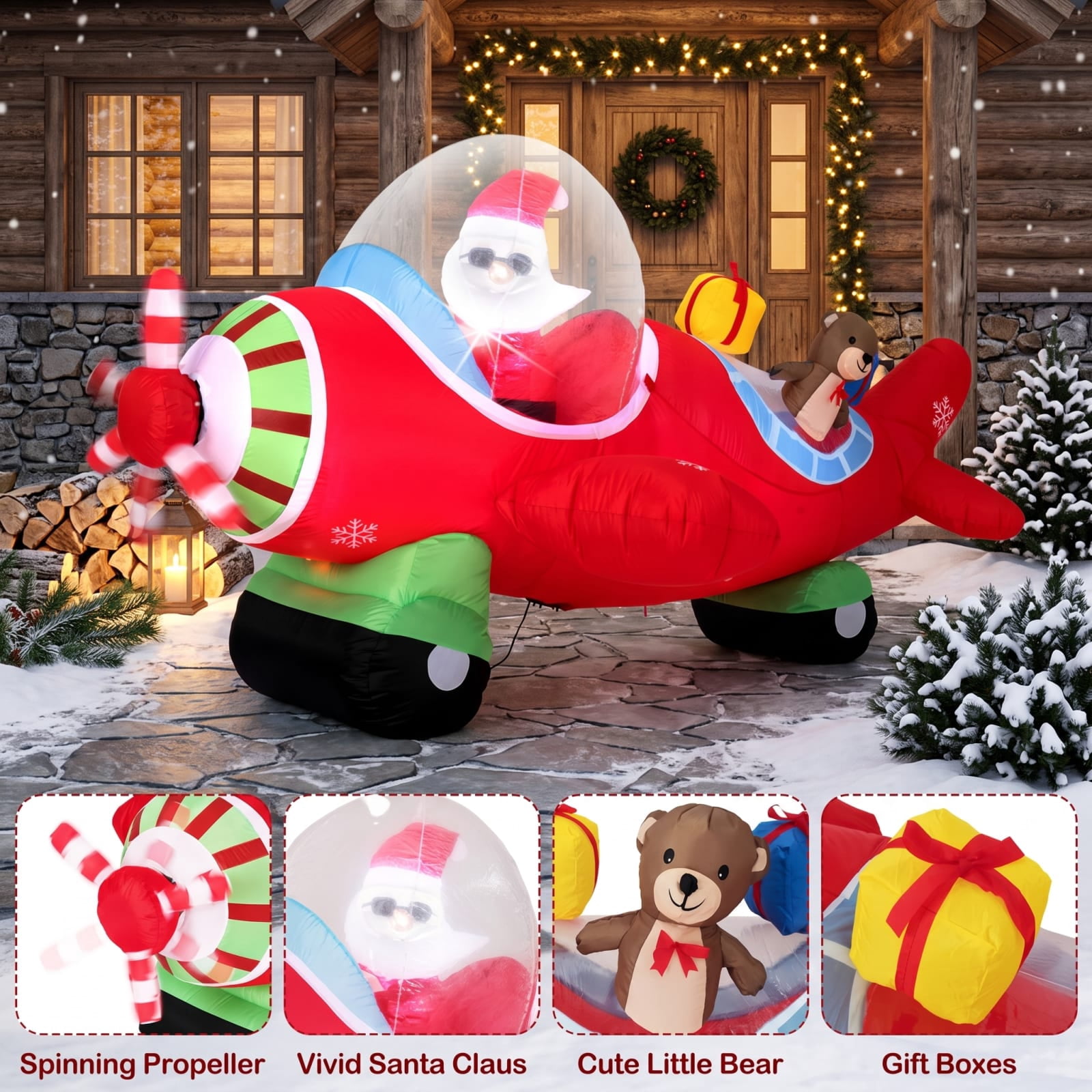RUIE 7.2 FT Christmas Inflatables, Blow Up Santa Airplane with Bear and Gift Boxes, LED Lighted Outdoor Yard Decorations for Lawn - Multicolor