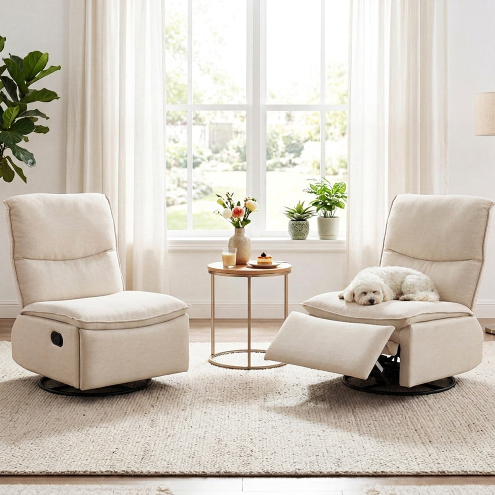 Furnibear 360 Degree Swivel Rocking Recliner Accent Chair with Cushioned Back Extendable Footrest and Metal Frame for Living Room and Nursery, Beige
