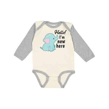 

Inktastic Hello I m New Here with Cute Baby Elephant Gift Baby Boy or Baby Girl Long Sleeve Bodysuit