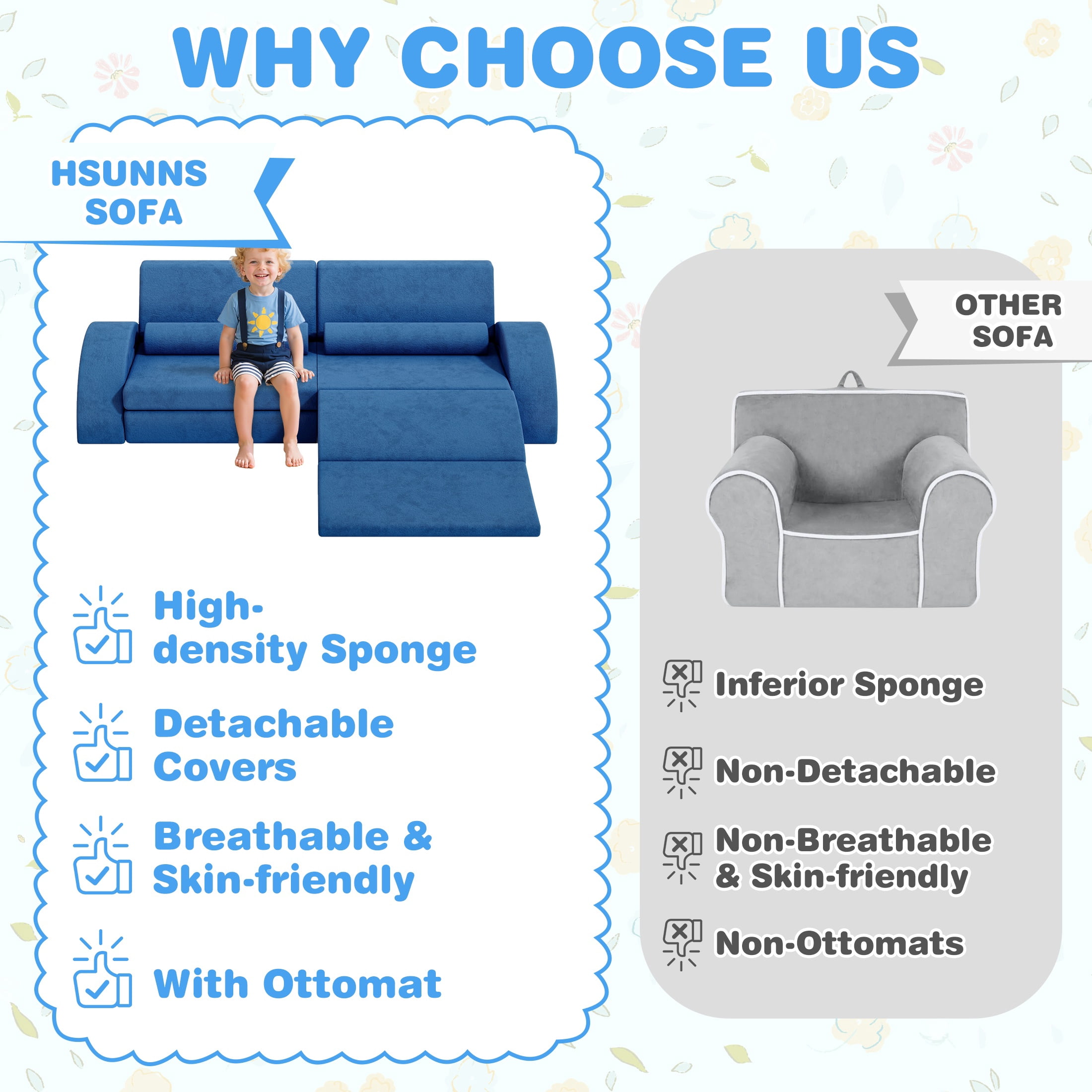 11PCS Modular Kids Play Couch, HSUNNS Fabric Kids' Sofa with Removable Cover, Convenient Storage, Indoor Foam Sofa Living Room Sectional Couch for Boys Girls 3-8, CPC Certification, Blue