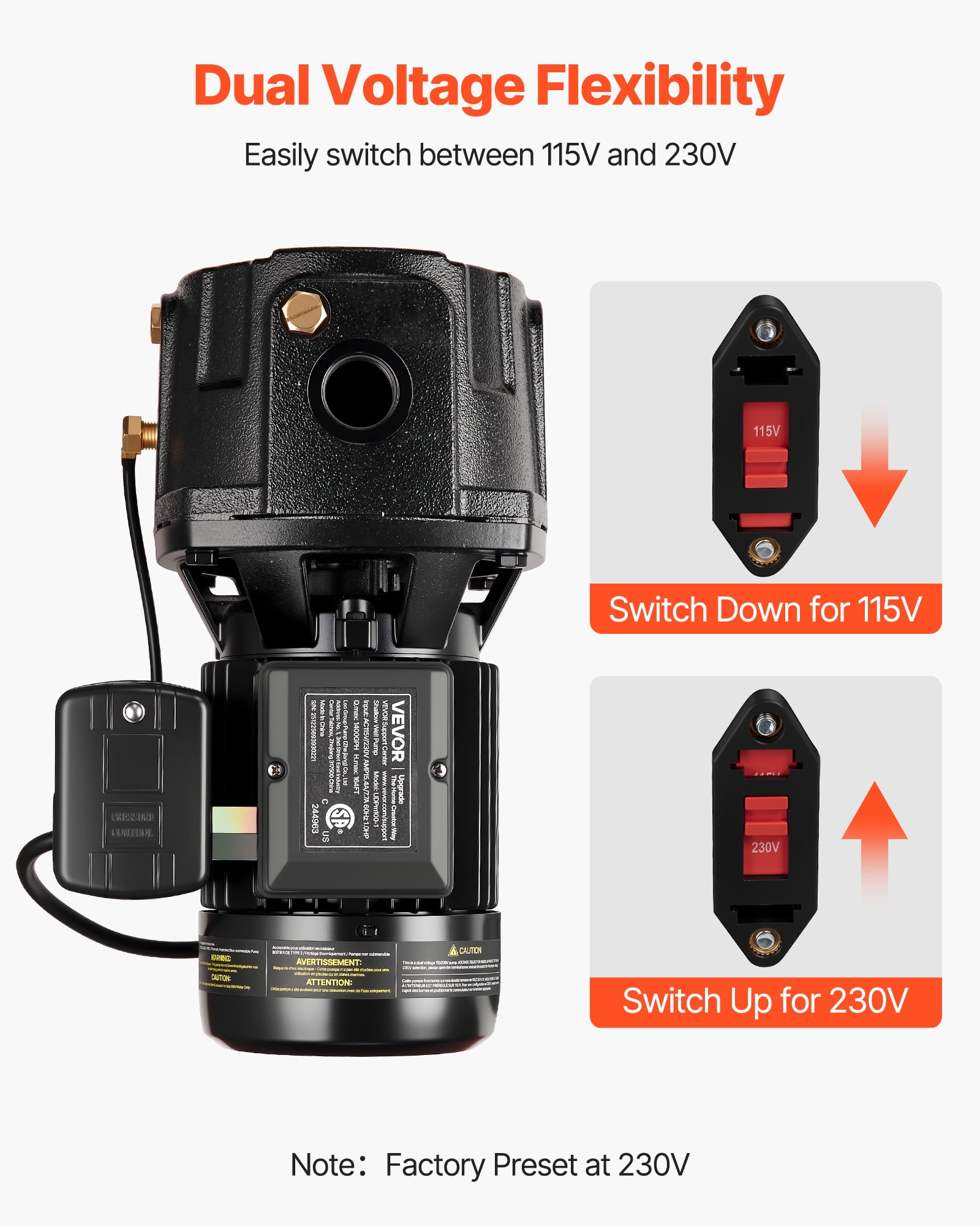 VEVOR 1 HP Shallow Well Jet Pump, AC 115/230 Volt, 1400 GPH Dual Voltage Cast Iron Well Jet Pump, with 164 ft Max Head Lift, Automatic Pressure Switch, for Garden Irrigation Lawn Sprinkler System