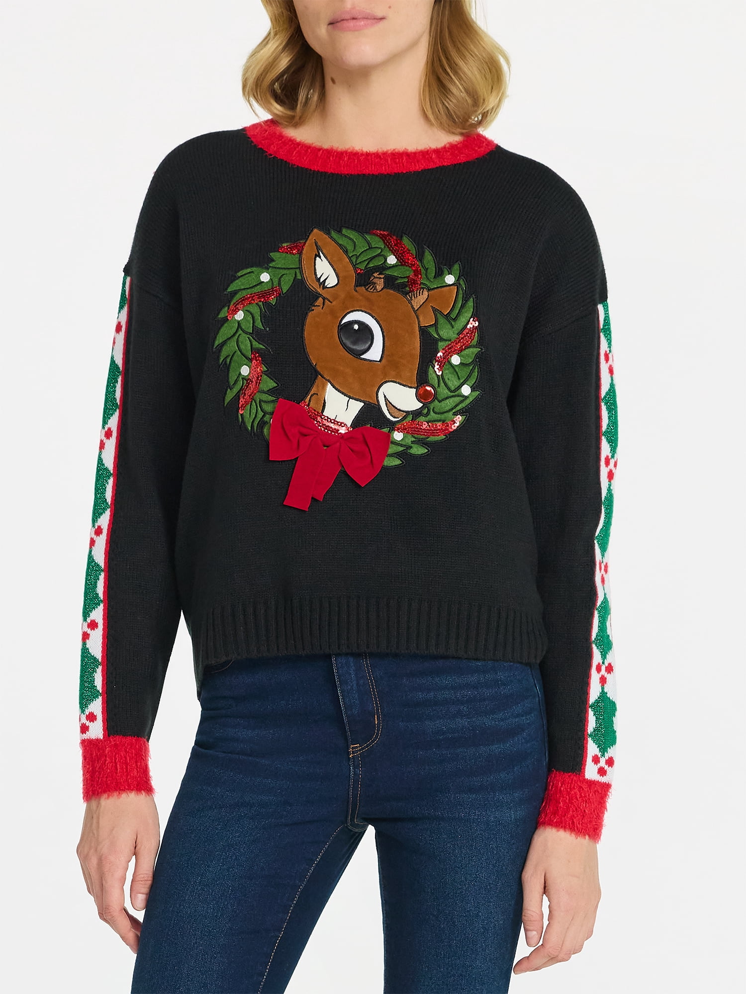 Rudolph Women's Embellished Christmas Sweater with Long Sleeves, Midweight, Sizes XXS-XXL
