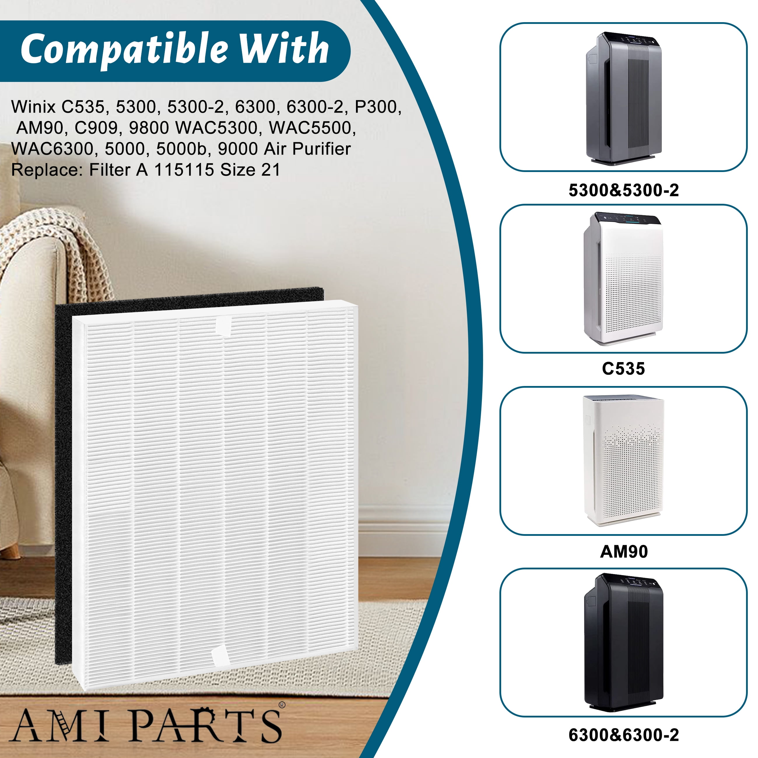 AMI PARTS 2 Pack 115115 Replacement Filter A True HEPA for Winix C535 Air Purifier 5300-2, 5300 6300 P300 WAC6300 Air Purifier