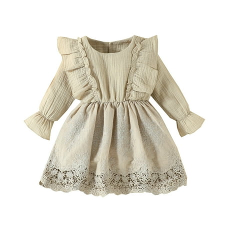 

LBECLEY Big Girl Summer Clothes Baby Girl Spring Autumn Lace Dress Solid Color Round Neck Long Sleeve Dresses Kids Princess Dresses for Youth Girls Khaki 80