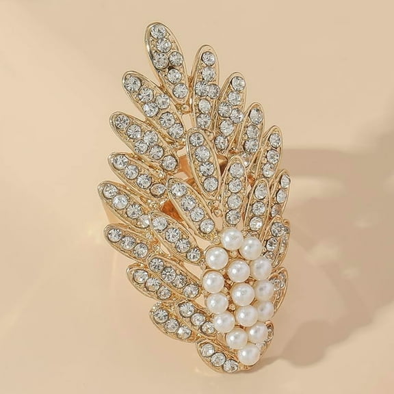 Boho Oval Imitation Pearl Rhinestones Statement Rings for WomenAdjustable Open Pearl Finger RingTrendy Personality Pearl Statement Jewelry for Women Party Wedding Light Gold
