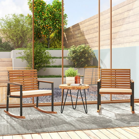 Outsunny Outdoor Rocking Chair Set of 2, Acacia Wood Outdoor Rockers with Armrests, Cushion, Cream White