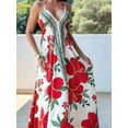 thumbnail image 2 of Women Boho Halter Maxi Dress Floral V Neck Sleeveless Loose Fit Backless Irregular Hem Long Holiday Vacation Dress White Red Flowers M, 2 of 3