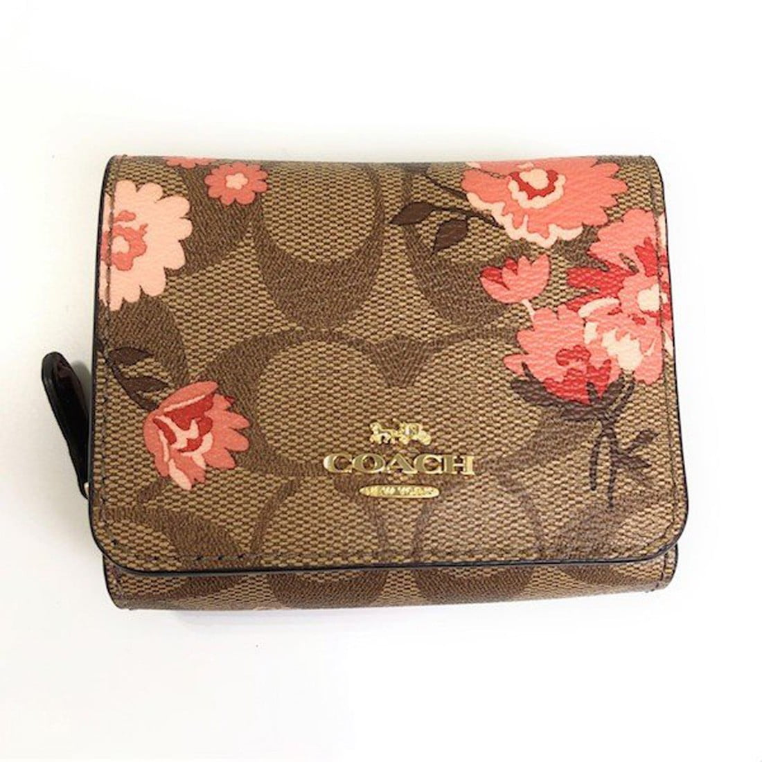 Coach NWT COACH Signature Pressed Daisy Small Trifold Wallet, Khaki