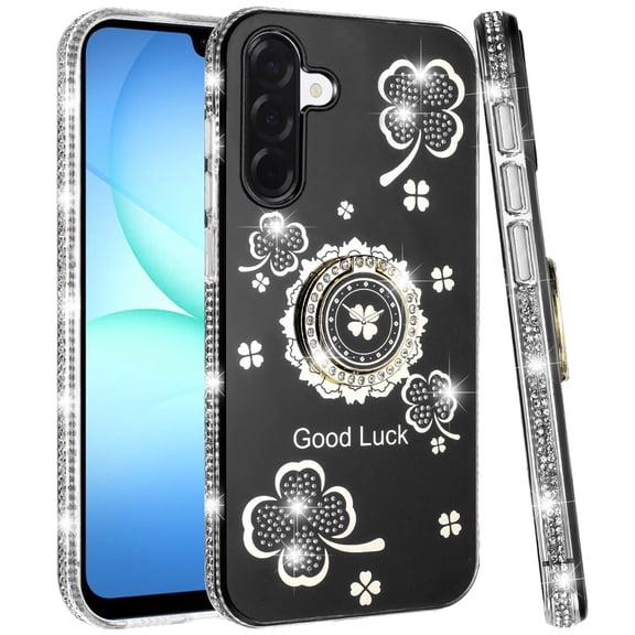 XPM for Samsung Galaxy A17 5G Phone Case, Diamonds Bling All Around Edges Sparkly Glitter Hybrid with Ring Stand Holder Fashion Good Luck Cover for Galaxy A17 (Black)