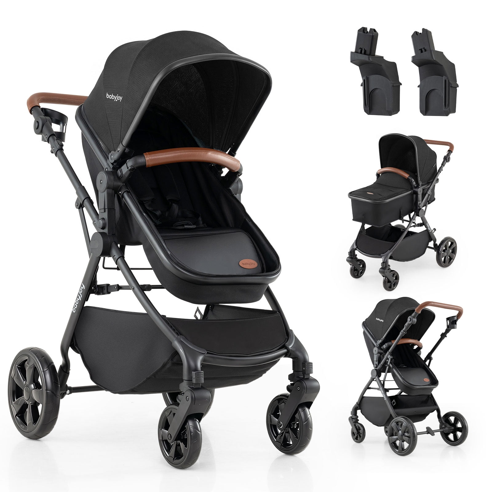 Babyjoy 2-in-1 Convertible Baby Stroller with Car Seat Adapters Reversible Seat Cup Holder Black