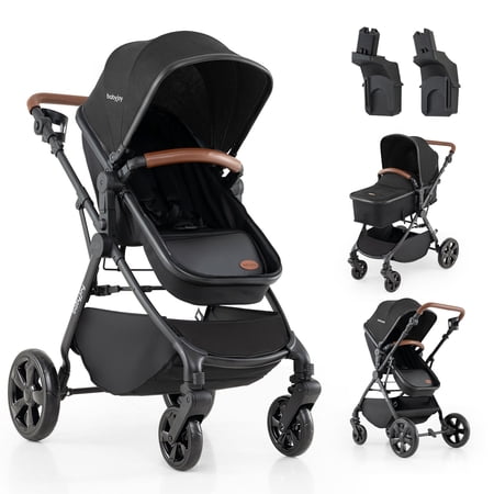 Babyjoy 2-in-1 Convertible Baby Stroller with Car Seat Adapters Reversible Seat Cup Holder Black