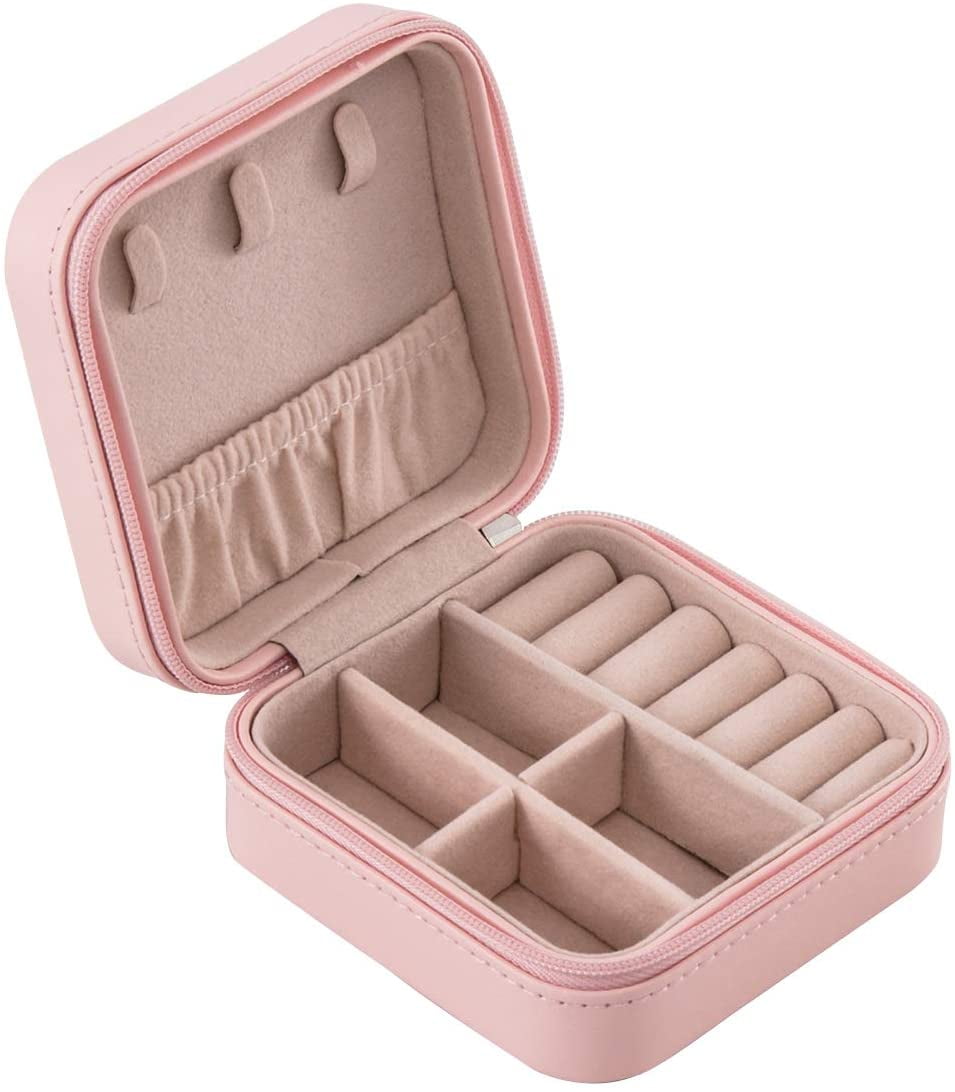 Green Small Jewelry Box Genuine Leather Travel Jewelry Organizer for Necklaces Earrings Rings Watches Storage with Zipper 