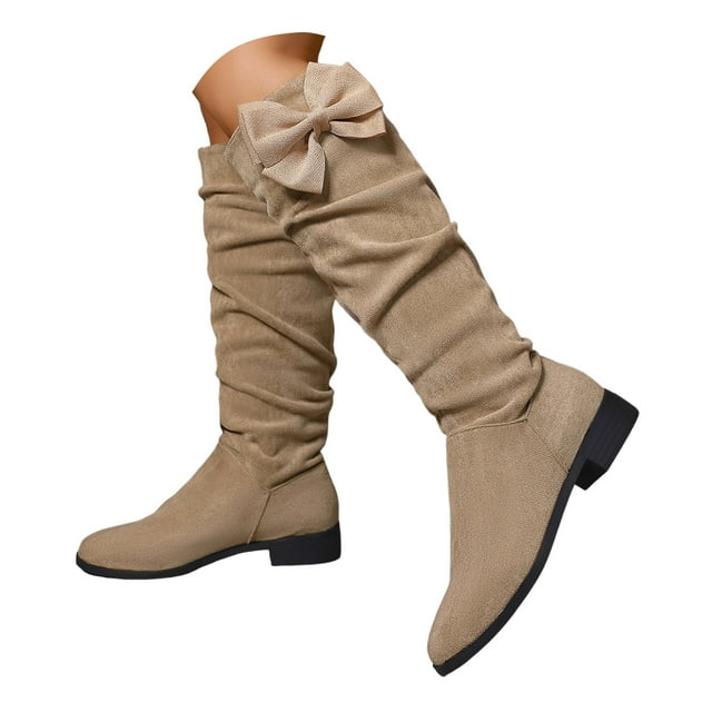 Mepaouo Women's Knee High Boots Low Chunky Heel Round Toe Riding Boot Pleated Dress Suede Slouch Boots