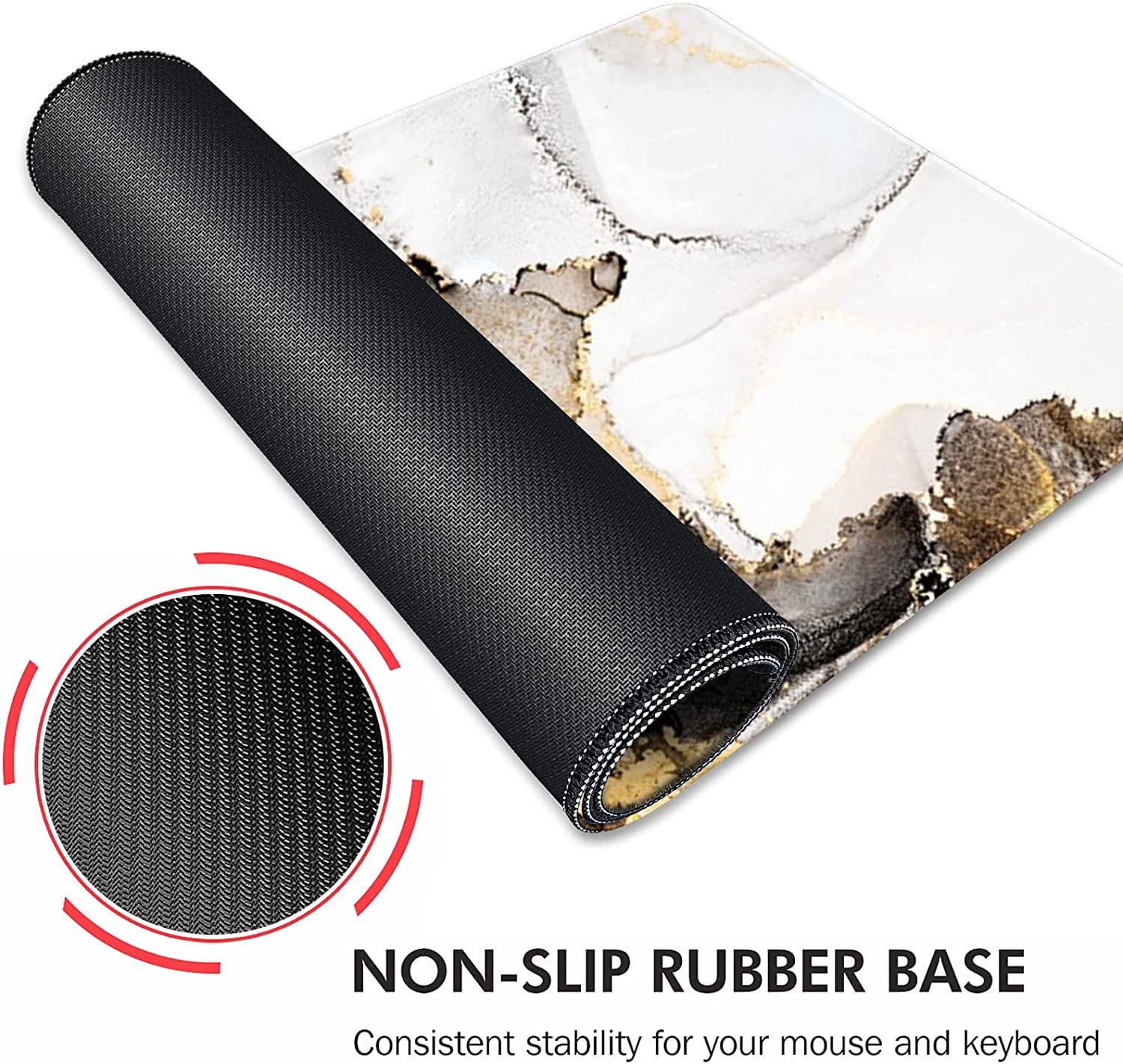Large Mouse Pad XXL XL Large Mouse Pad Long Extended Mousepad Desk Pad Non-Slip Rubber Mice Pads Stitched Edges Thin Pad (31.5x11.8x0.12 Inch)-Ink White Gold Marble